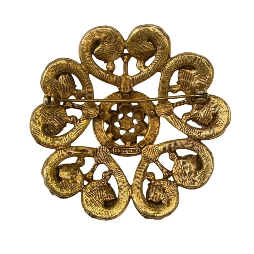 Vintage Florenza antique gold & bronze faux pearl round heart brooch marked
